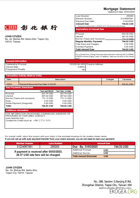 Relevé hypothécaire de la Taiwan Chang Hwa Bank aux formats Word et PDF